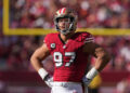 Oct 6, 2024; Santa Clara, California, USA; San Francisco 49ers defensive end Nick Bosa (97) during the fourth quarter against the Arizona Cardinals at Levi's Stadium. Mandatory Credit: Darren Yamashita-Imagn Images