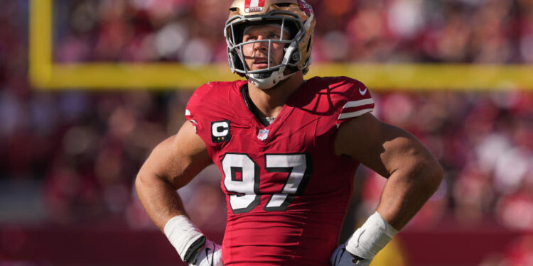 Oct 6, 2024; Santa Clara, California, USA; San Francisco 49ers defensive end Nick Bosa (97) during the fourth quarter against the Arizona Cardinals at Levi's Stadium. Mandatory Credit: Darren Yamashita-Imagn Images