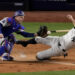 Giancarlo Stanton was easily thrown out at home in the fourth inning of World Series Game 3. (AP Photo/Frank Franklin II)