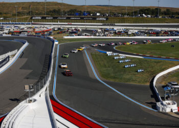 CONCORD, NORTH CAROLINA - OCTOBER 08: A general view of racing during the NASCAR Cup Series Bank of America ROVAL 400 at Charlotte Motor Speedway on October 08, 2023 in Concord, North Carolina. (Photo by James Gilbert/Getty Images)