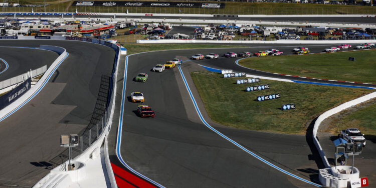 CONCORD, NORTH CAROLINA - OCTOBER 08: A general view of racing during the NASCAR Cup Series Bank of America ROVAL 400 at Charlotte Motor Speedway on October 08, 2023 in Concord, North Carolina. (Photo by James Gilbert/Getty Images)