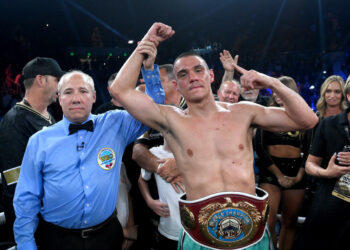 GOLD COAST, AUSTRALIA - OCTOBER 15: Tim Tszyu celebrates victory against Brian Mendoza after the WBO super-welterweight world title bout between Tim Tszyu and Brian Mendoza at Gold Coast Convention and Exhibition Centre on October 15, 2023 in Gold Coast, Australia. (Photo by Bradley Kanaris/Getty Images)