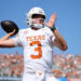 DALLAS, TEXAS - OCTOBER 12: Quinn Ewers #3 of the Texas Longhorns warms up prior to a game against the Oklahoma Sooners at Cotton Bowl Stadium on October 12, 2024 in Dallas, Texas. (Photo by Alex Slitz/Getty Images)