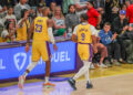 LOS ANGELES, CA - OCTOBER 22: Los Angeles Lakers forward LeBron James (23) and son Los Angeles Lakers guard Bronny James (9) enter the game during the Minnesota Timberwolves vs Los Angeles Lakers game on October 22, 2024, at Crypto.com Arena in Los Angeles, CA. (Photo by Jevone Moore/Icon Sportswire via Getty Images)