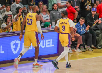 LOS ANGELES, CA - OCTOBER 22: Los Angeles Lakers forward LeBron James (23) and son Los Angeles Lakers guard Bronny James (9) enter the game during the Minnesota Timberwolves vs Los Angeles Lakers game on October 22, 2024, at Crypto.com Arena in Los Angeles, CA. (Photo by Jevone Moore/Icon Sportswire via Getty Images)