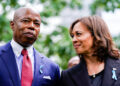 Vice President Kamala Harris speaks to New York City mayor Eric Adams at the ceremony to commemorate the 21st anniversary of the Sept. 11 terrorist attacks, Sunday, Sept. 11, 2022, at the National September 11 Memorial & Museum in New York. (AP Photo/Julia Nikhinson)