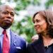 Vice President Kamala Harris speaks to New York City mayor Eric Adams at the ceremony to commemorate the 21st anniversary of the Sept. 11 terrorist attacks, Sunday, Sept. 11, 2022, at the National September 11 Memorial & Museum in New York. (AP Photo/Julia Nikhinson)