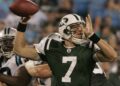 Quarterback Kevin O'Connell of the New York Jets throws during a preseason game against the Carolina Panthers at Bank of America Stadium on August 21, 2010 in Charlotte, North Carolina.