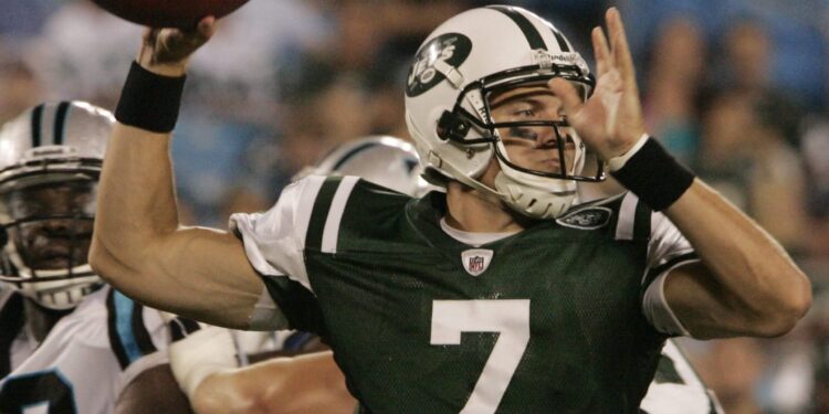 Quarterback Kevin O'Connell of the New York Jets throws during a preseason game against the Carolina Panthers at Bank of America Stadium on August 21, 2010 in Charlotte, North Carolina.