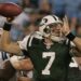 Quarterback Kevin O'Connell of the New York Jets throws during a preseason game against the Carolina Panthers at Bank of America Stadium on August 21, 2010 in Charlotte, North Carolina.