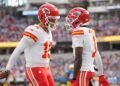 Patrick Mahomes and Xavier Worthy celebrate