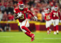 JuJu Smith-Schuster #9 of the Kansas City Chiefs runs the ball during an NFL football game against the New Orleans Saints at GEHA Field at Arrowhead Stadium on October 7, 2024 in Kansas City, Missouri. (Photo by Cooper Neill/Getty Images)