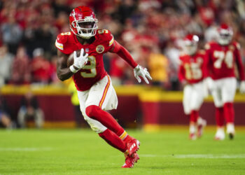 JuJu Smith-Schuster #9 of the Kansas City Chiefs runs the ball during an NFL football game against the New Orleans Saints at GEHA Field at Arrowhead Stadium on October 7, 2024 in Kansas City, Missouri. (Photo by Cooper Neill/Getty Images)