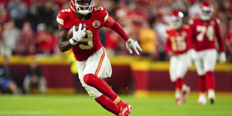 JuJu Smith-Schuster #9 of the Kansas City Chiefs runs the ball during an NFL football game against the New Orleans Saints at GEHA Field at Arrowhead Stadium on October 7, 2024 in Kansas City, Missouri. (Photo by Cooper Neill/Getty Images)