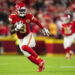 JuJu Smith-Schuster #9 of the Kansas City Chiefs runs the ball during an NFL football game against the New Orleans Saints at GEHA Field at Arrowhead Stadium on October 7, 2024 in Kansas City, Missouri. (Photo by Cooper Neill/Getty Images)