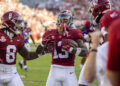 Alabama defensive back Malachi Moore (13) celebrates after an interception during the first half of an NCAA college football game against Missouri, Saturday, Oct. 26, 2024, in Tuscaloosa, Ala. (AP Photo/Vasha Hunt)