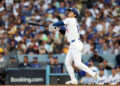 LOS ANGELES, CALIFORNIA - OCTOBER 05: Shohei Ohtani #17 of the Los Angeles Dodgers at bat during the first inning against the San Diego Padres in Game One of the Division Series at Dodger Stadium on October 05, 2024 in Los Angeles, California.  (Photo by Harry How/Getty Images)