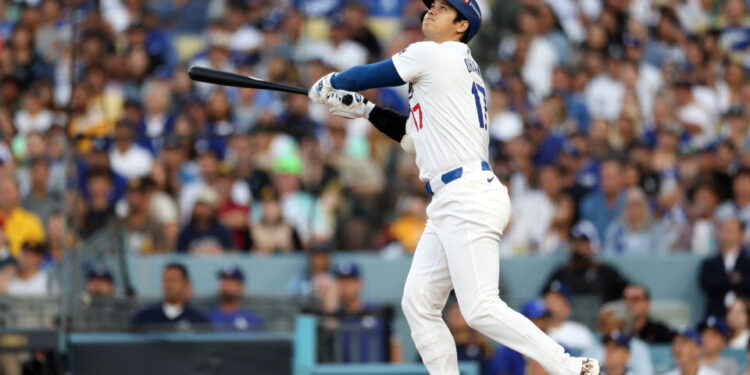 LOS ANGELES, CALIFORNIA - OCTOBER 05: Shohei Ohtani #17 of the Los Angeles Dodgers at bat during the first inning against the San Diego Padres in Game One of the Division Series at Dodger Stadium on October 05, 2024 in Los Angeles, California.  (Photo by Harry How/Getty Images)