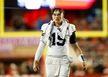 MADISON, WISCONSIN - OCTOBER 26: Drew Allar #15 of the Penn State Nittany Lions in the third quarter after being injured in the first half o the game against the Wisconsin Badgers at Camp Randall Stadium on October 26, 2024 in Madison, Wisconsin. (Photo by John Fisher/Getty Images)