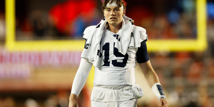 MADISON, WISCONSIN - OCTOBER 26: Drew Allar #15 of the Penn State Nittany Lions in the third quarter after being injured in the first half o the game against the Wisconsin Badgers at Camp Randall Stadium on October 26, 2024 in Madison, Wisconsin. (Photo by John Fisher/Getty Images)