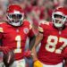 Xavier Worthy celebrates with Travis Kelce