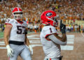 Georgia running back Trevor Etienne celebrates one of his three touchdown runs against Texas on Saturday. (AP Photo/Rodolfo Gonzalez)