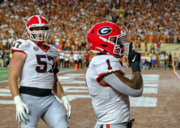 Georgia running back Trevor Etienne celebrates one of his three touchdown runs against Texas on Saturday. (AP Photo/Rodolfo Gonzalez)