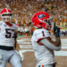 Georgia running back Trevor Etienne celebrates one of his three touchdown runs against Texas on Saturday. (AP Photo/Rodolfo Gonzalez)