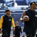 DENVER, CO - SEPTEMBER 15: Quarterback Justin Fields #2 of the Pittsburgh Steelers and quarterback Russell Wilson #3 stand on the field prior to an NFL football game against the Denver Broncos, at Empower Field at Mile High on September 15, 2024 in Denver, Colorado. (Photo by Brooke Sutton/Getty Images)