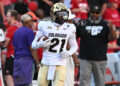 LINCOLN, NEBRASKA - SEPTEMBER 7: Shilo Sanders #21 of the Colorado Buffaloes on the field before the game against the Nebraska Cornhuskers at Memorial Stadium on September 7, 2024 in Lincoln, Nebraska. (Photo by Steven Branscombe/Getty Images)