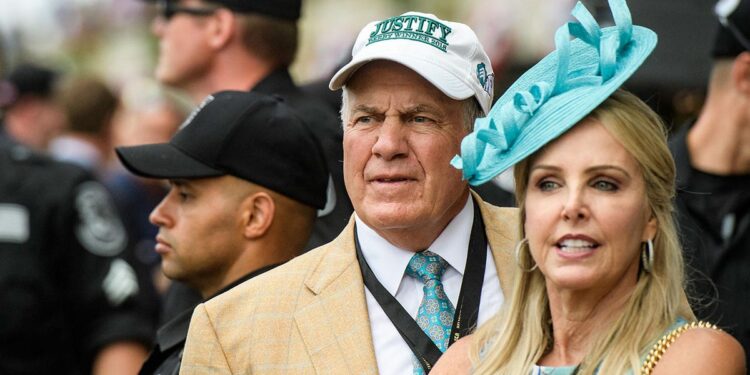 Bill Belichick and Linda Holliday attend the Belmont Stakes