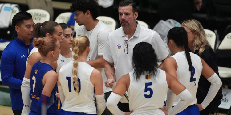 San Jose State head coach Todd Kress, back center, talks to his players during a time out in the first set of an NCAA college volleyball match against Colorado State Thursday, Oct. 3, 2024, in Fort Collins, Colo. (AP Photo/David Zalubowski)