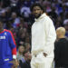 PHILADELPHIA, PENNSYLVANIA - OCTOBER 23: Joel Embiid #21 of the Philadelphia 76ers looks on during a timeout against the Milwaukee Bucks in the first half at the Wells Fargo Center on October 23, 2024 in Philadelphia, Pennsylvania. NOTE TO USER: User expressly acknowledges and agrees that, by downloading and/or using this photograph, user is consenting to the terms and conditions of the Getty Images License Agreement. (Photo by Mitchell Leff/Getty Images)