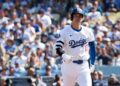 LOS ANGELES, CALIFORNIA - OCTOBER 14: Shohei Ohtani #17 of the Los Angeles Dodgers reacts.