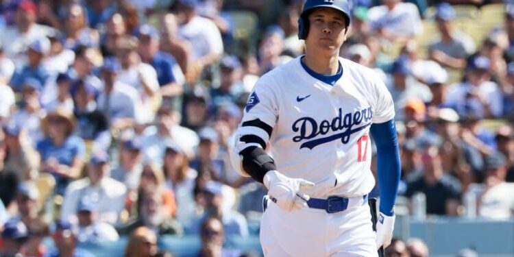 LOS ANGELES, CALIFORNIA - OCTOBER 14: Shohei Ohtani #17 of the Los Angeles Dodgers reacts.