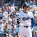 LOS ANGELES, CALIFORNIA - OCTOBER 14: Shohei Ohtani #17 of the Los Angeles Dodgers reacts.