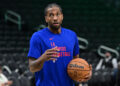 Mar 4, 2024; Milwaukee, Wisconsin, USA; Los Angeles Clippers forward Kawhi Leonard (2) warms up before game against the Milwaukee Bucks at Fiserv Forum. Mandatory Credit: Benny Sieu-USA TODAY Sports