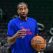 Mar 4, 2024; Milwaukee, Wisconsin, USA; Los Angeles Clippers forward Kawhi Leonard (2) warms up before game against the Milwaukee Bucks at Fiserv Forum. Mandatory Credit: Benny Sieu-USA TODAY Sports