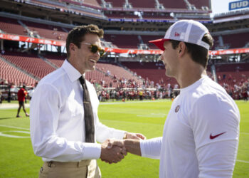 Tom Brady will need to be careful how close he gets to Brock Purdy and other players. (Michael Owens/Getty Images)