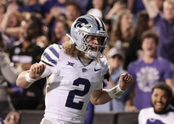 BOULDER, COLORADO - OCTOBER 12: Avery Johnson #2 of the Kansas State Wildcats celebrates after scoring a touchdown during the first quarter against the Colorado Buffaloes at Folsom Field on October 12, 2024 in Boulder, Colorado. (Photo by Andrew Wevers/Getty Images)