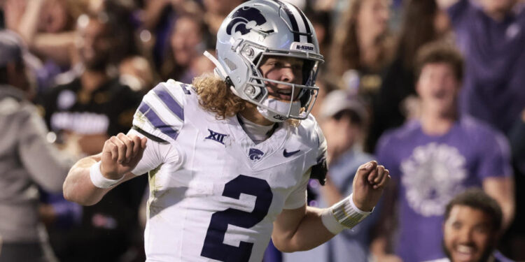 BOULDER, COLORADO - OCTOBER 12: Avery Johnson #2 of the Kansas State Wildcats celebrates after scoring a touchdown during the first quarter against the Colorado Buffaloes at Folsom Field on October 12, 2024 in Boulder, Colorado. (Photo by Andrew Wevers/Getty Images)