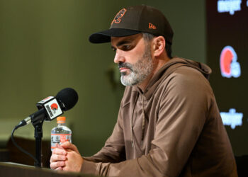 BEREA, OHIO - NOVEMBER 15: Head coach Kevin Stefanski of the Cleveland Browns speaks during a press conference announcing quarterback Deshaun Watson is out for the rest of the season due to injury at CrossCountry Mortgage Campus on November 15, 2023 in Berea, Ohio. (Photo by Nick Cammett/Getty Images)