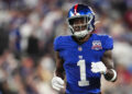 EAST RUTHERFORD, NJ - SEPTEMBER 26: Malik Nabers #1 of the New York Giants lines up before the snap during an NFL football game against the Dallas Cowboys at MetLife Stadium on September 26, 2024 in East Rutherford, New Jersey. (Photo by Cooper Neill/Getty Images)