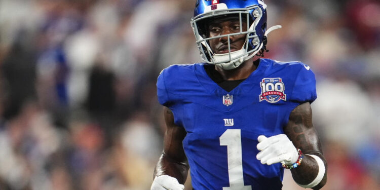 EAST RUTHERFORD, NJ - SEPTEMBER 26: Malik Nabers #1 of the New York Giants lines up before the snap during an NFL football game against the Dallas Cowboys at MetLife Stadium on September 26, 2024 in East Rutherford, New Jersey. (Photo by Cooper Neill/Getty Images)