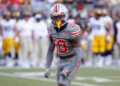 COLUMBUS, OH - OCTOBER 05: Ohio State Buckeyes cornerback Denzel Burke (10) reacts during the game against the Iowa Hawkeyes and the Ohio State Buckeyes on October 5, 2024, at Ohio Stadium in Columbus, OH. (Photo by Ian Johnson/Icon Sportswire via Getty Images)