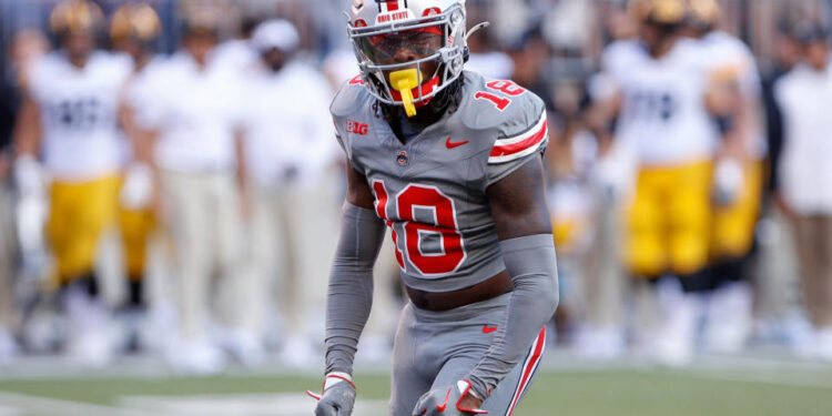 COLUMBUS, OH - OCTOBER 05: Ohio State Buckeyes cornerback Denzel Burke (10) reacts during the game against the Iowa Hawkeyes and the Ohio State Buckeyes on October 5, 2024, at Ohio Stadium in Columbus, OH. (Photo by Ian Johnson/Icon Sportswire via Getty Images)