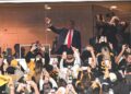 Donald Trump waves to crowd at Steelers game