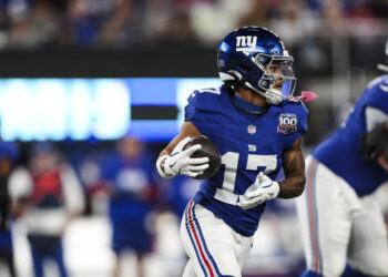 EAST RUTHERFORD, NJ - OCTOBER 13: Wan'Dale Robinson #17 of the New York Giants runs with the ball during an NFL football game against the Cincinnati Bengals at MetLife Stadium on October 13, 2024 in East Rutherford, NJ. (Photo by Perry Knotts/Getty Images)