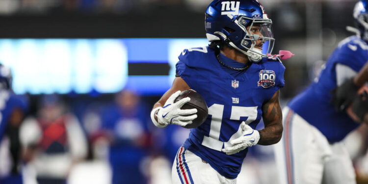 EAST RUTHERFORD, NJ - OCTOBER 13: Wan'Dale Robinson #17 of the New York Giants runs with the ball during an NFL football game against the Cincinnati Bengals at MetLife Stadium on October 13, 2024 in East Rutherford, NJ. (Photo by Perry Knotts/Getty Images)