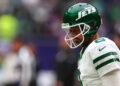 Oct 6, 2024; Tottenham, ENG; New York Jets Quarterback Aaron Rodgers (8) during a practice session before the match against Minnesota Vikings at Tottenham Hotspur Stadium. Mandatory Credit: Shaun Brooks-Imagn Images